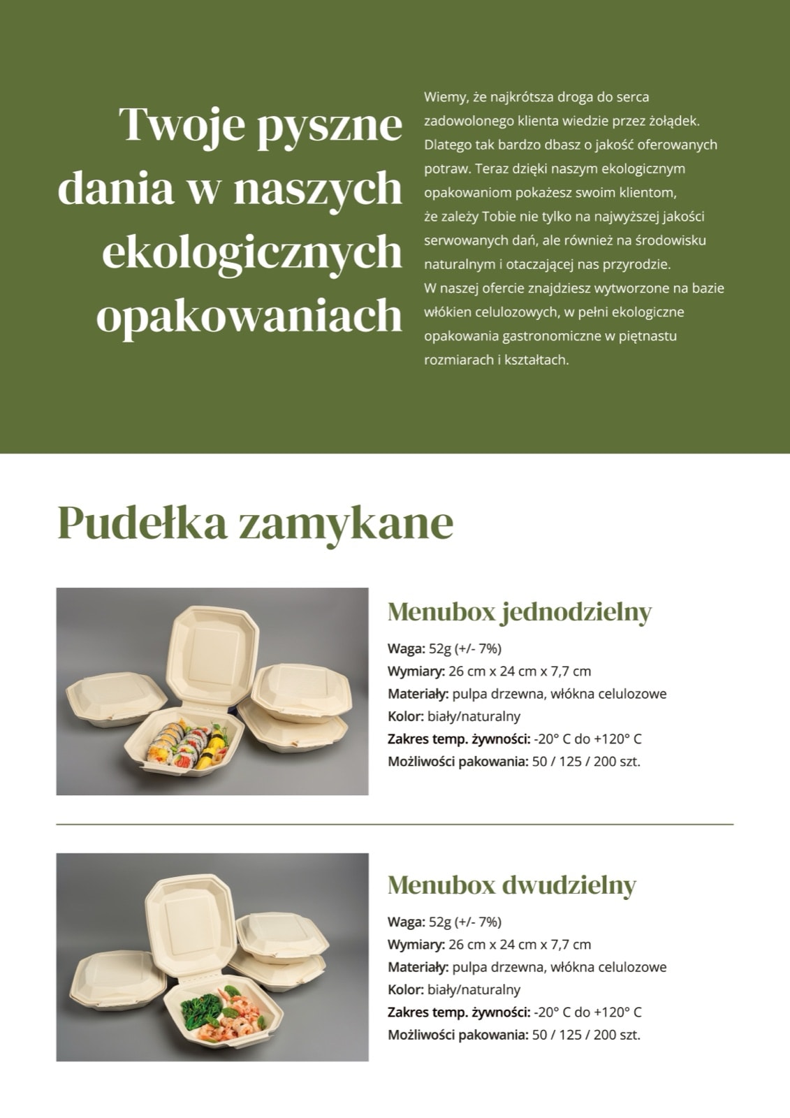 Rozkładówka broszury XyloMatrix — dania w opakowaniach i paczka zamykana
