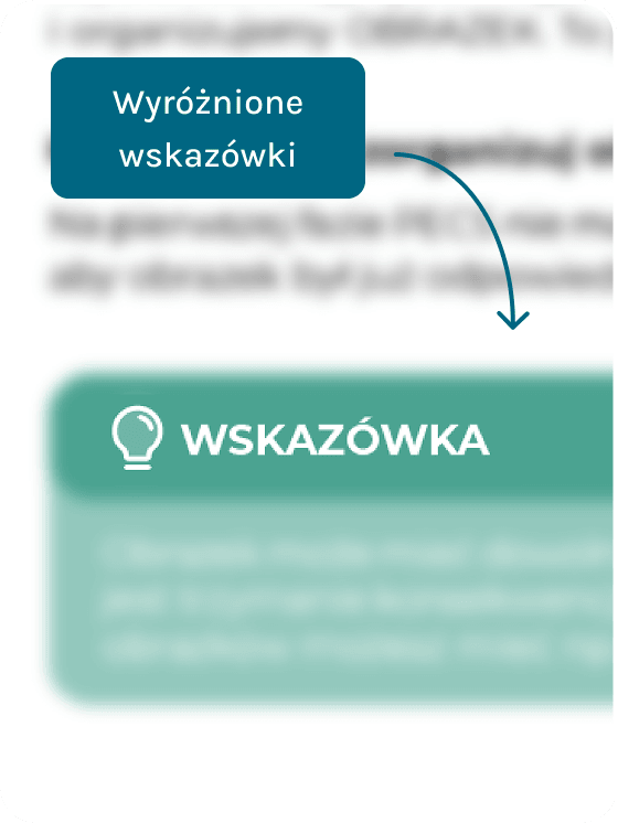Rozkładówka e-booka z wyróżnioną, kolorową ramką „Wskazówka” wśród tekstu.