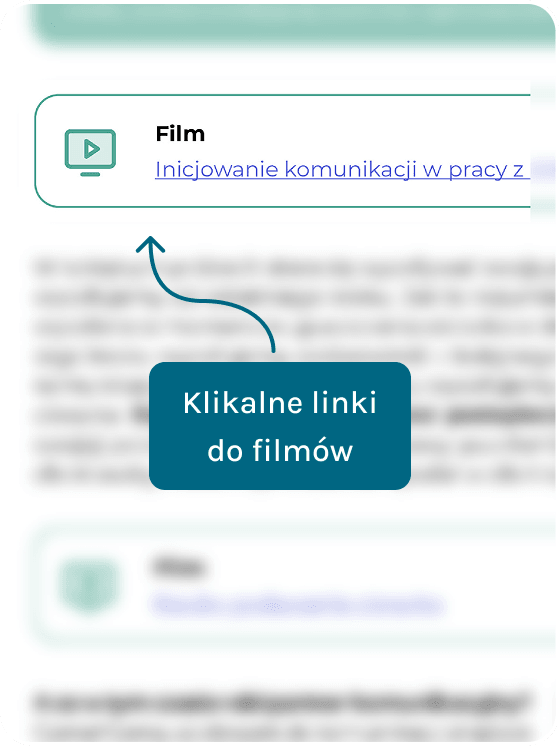 Rozkładówka e-booka z klikalnym linkiem do filmu instruktażowego, oznaczonym ikoną odtwarzania.